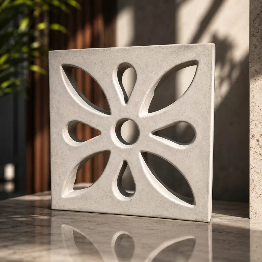 Cobogó de concreto Flor, com pétalas vazadas em torno de um círculo